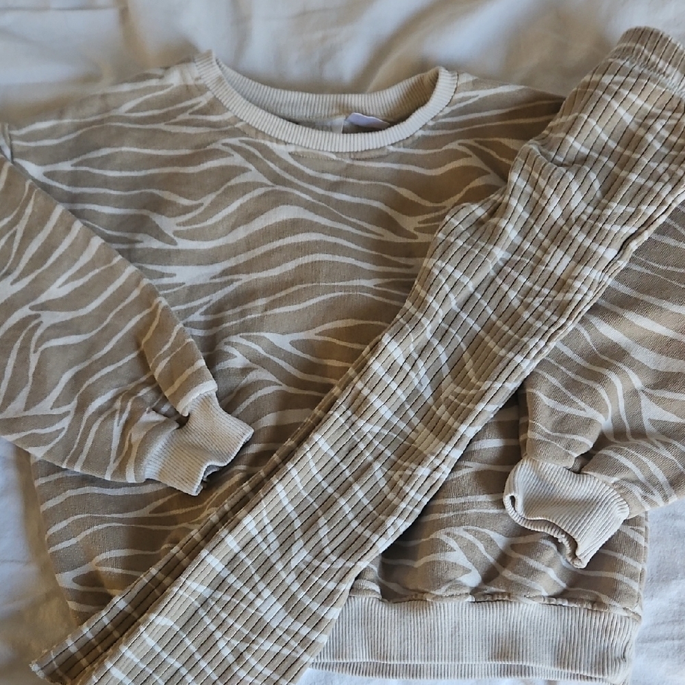 Beige Zebra Print Sweater and Plaid Pants Set